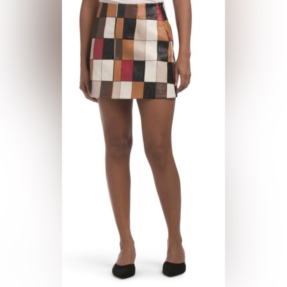 Miu Miu Nappa Lucida Lambskin Patchwork Mini Skirt Sz 38 NWT Nero Bianco Carmel